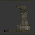 Moss Covered Garden Ornament Featuring Elephant Statue on Stone Pedestal with Blue Water Basin