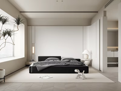 Modern Minimalist Bedroom Interior With Black Bed White Table Lamp Blinds And Geometric Rug 3d model