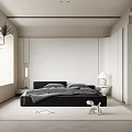 Modern Minimalist Bedroom Interior With Black Bed White Table Lamp Blinds And Geometric Rug