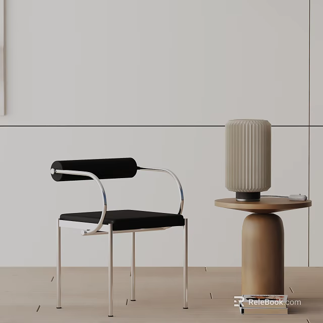 Modern Dining Chair With Black Cushion Metal Frame And Wooden Side Table With Table Lamp 3d model 