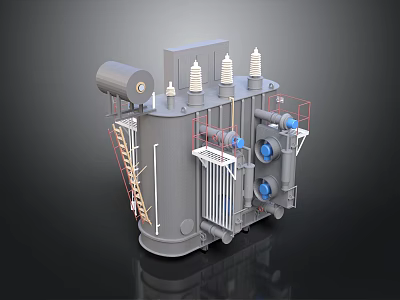 Industrial Electrical Transformer With Cooling Radiators Insulator Bushings And Access Ladder 3d model