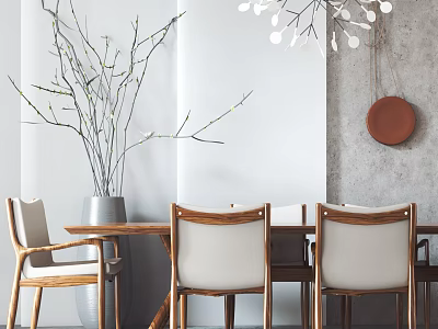 Modern Wooden Dining Table And Chairs Set With Vase Branches Chandelier And Wall Decor 3d model