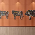 Meat Cut Wall Decor with Cow Pig Silhouettes and Yellow Labels on Orange Grid Wall
