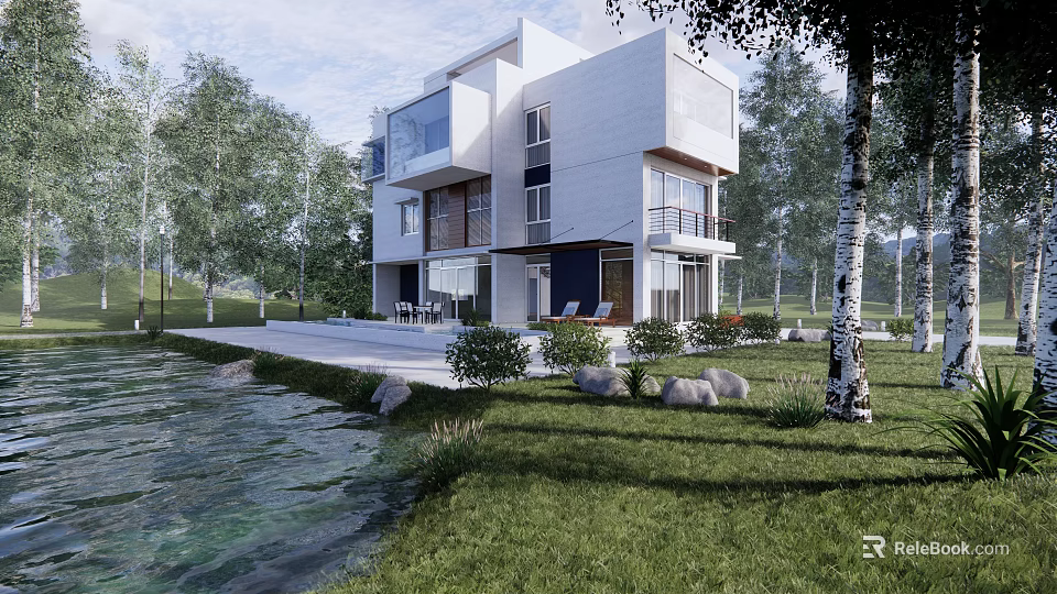 Modern Detached Villa with Lakefront View Large Windows and Green Lawn Surrounded by Trees 3d model 