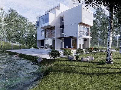 Modern Detached Villa with Lakefront View Large Windows and Green Lawn Surrounded by Trees 3d model