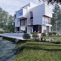 Modern Detached Villa with Lakefront View Large Windows and Green Lawn Surrounded by Trees