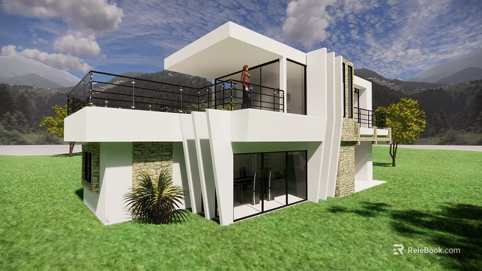 Modern Detached Villa With Large Glass Windows Black Railings Green Lawn And Mountain View 3d model 