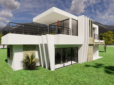 Modern Detached Villa With Large Glass Windows Black Railings Green Lawn And Mountain View 3d model