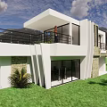 Modern Detached Villa With Large Glass Windows Black Railings Green Lawn And Mountain View
