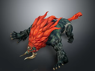 Mythical Animal With Red Mane Black Body And Long Tusks In Dynamic Stance 3d model