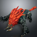 Mythical Animal With Red Mane Black Body And Long Tusks In Dynamic Stance