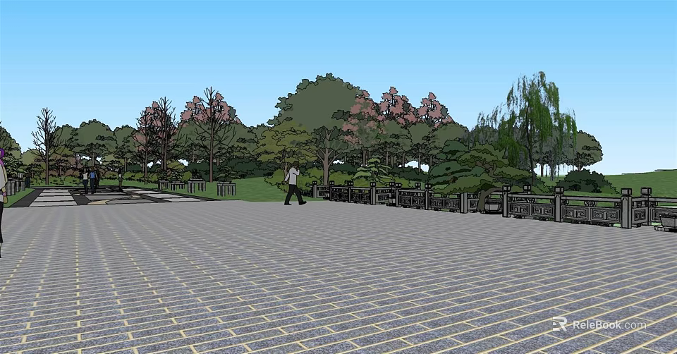Serene Park Landscape With Brick Paved Square People Walking Green Grass And Colorful Trees 3d model 