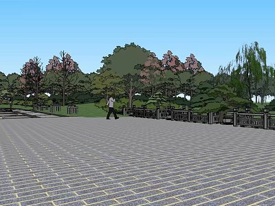 Serene Park Landscape With Brick Paved Square People Walking Green Grass And Colorful Trees 3d model