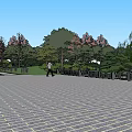 Serene Park Landscape With Brick Paved Square People Walking Green Grass And Colorful Trees