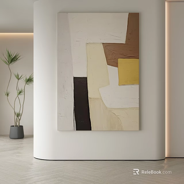 Abstract Painting Featuring White Brown Yellow Black Color Blocks In Modern Interior With Green Plant 3d model 