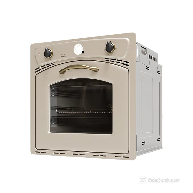 Classic Beige Kitchen Oven With Glass Door Metal Handle And Control Knobs 3d model 