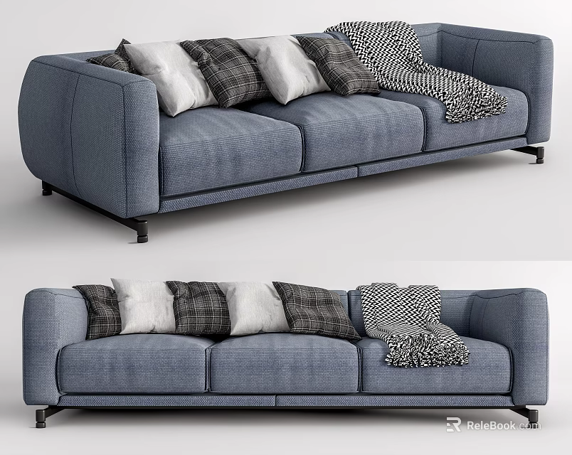 Modern Three Seater Sofa With Plush Cushions And Patterned Throw Blanket 3d model