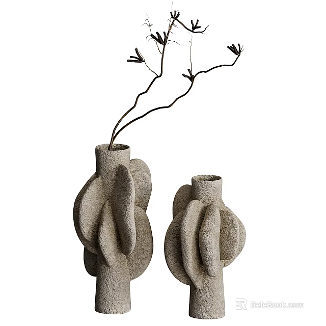 Two Modern Minimalist Ceramic Vases With Irregular Shape Textured Surface And Dried Branches 3d model 