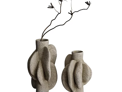 Two Modern Minimalist Ceramic Vases With Irregular Shape Textured Surface And Dried Branches 3d model
