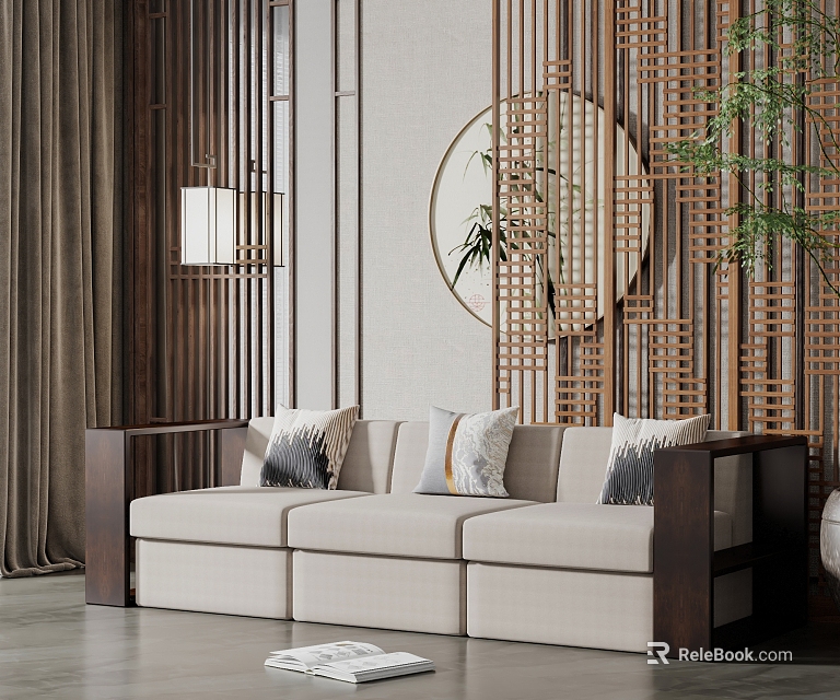 Beige Three-Seater Sofa With Dark Wood Armrests Chinese Style Screen Round Decorative Painting And Green Plant In Interior 3d model 