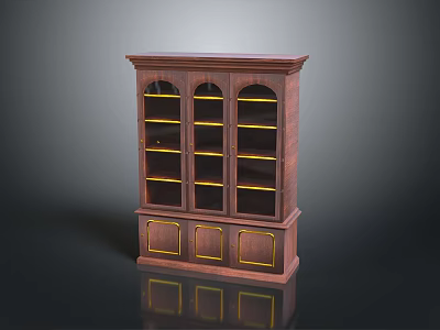 Dark Brown Wooden Bookcase With Glass Doors Gold Accents And Multiple Shelves 3d model
