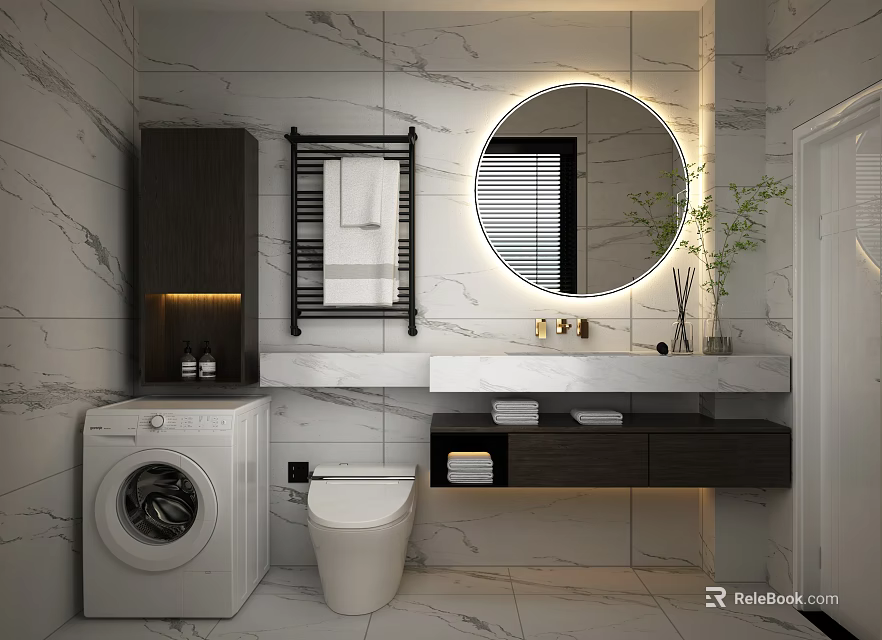 Modern Bathroom Interior Design With Marble Tiles Round Mirror Vanity And Toilet 3d model 