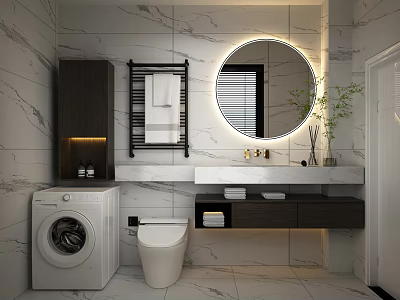 Modern Bathroom Interior Design With Marble Tiles Round Mirror Vanity And Toilet 3d model