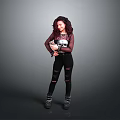 Woman In Gray Background Wearing Black Ripped Jeans And Long Sleeve Top Holding Plush Toy