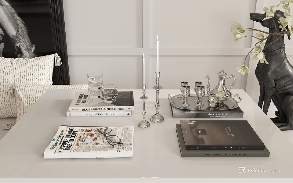 Elegant Decorative Ornament Set With Silver Candle Holders Tea Set And Books On White Table 3d model 