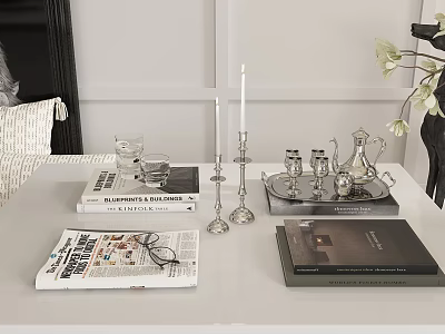 Elegant Decorative Ornament Set With Silver Candle Holders Tea Set And Books On White Table 3d model