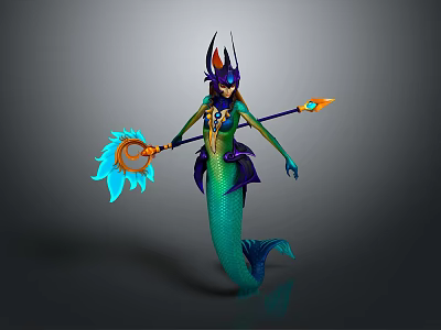 Enchanted Mermaid Fantasy Game Character With Horns Glowing Staff And Blue Green Tail 3d model