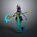 Enchanted Mermaid Fantasy Game Character With Horns Glowing Staff And Blue Green Tail