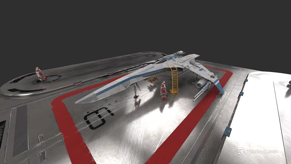 Fighter Jet On Aircraft Carrier Deck With Maintenance Crew Yellow Ladder And Red Markings 3d model 