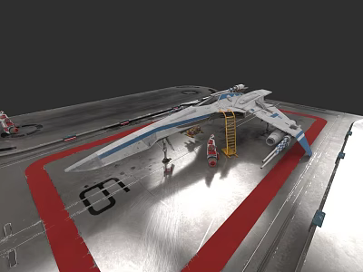 Fighter Jet On Aircraft Carrier Deck With Maintenance Crew Yellow Ladder And Red Markings 3d model