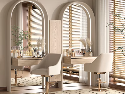 Commercial Beauty Equipment With Arched Mirrored Windows Blinds Wooden Vanity Tables And White Chairs 3d model