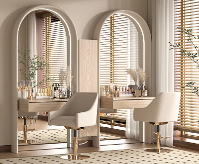 Commercial Beauty Equipment With Arched Mirrored Windows Blinds Wooden Vanity Tables And White Chairs 3d model
