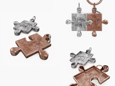 Elegant Puzzle Shaped Jewelry Pendants Crafted In Silver And Copper Metal With Engravings 3d model
