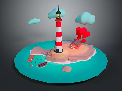 Red White Striped Lighthouse On Island With Red House Small Boat Blue Water And Clouds 3d model