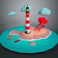 Red White Striped Lighthouse On Island With Red House Small Boat Blue Water And Clouds