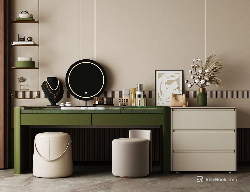 Stylish Green Countertop Dressing Table With Round Mirror Beige Stools And Drawer Cabinet 3d model 