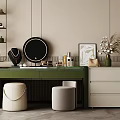 Stylish Green Countertop Dressing Table With Round Mirror Beige Stools And Drawer Cabinet