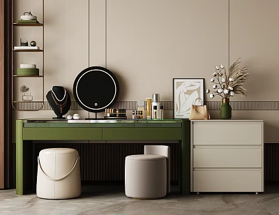 Stylish Green Countertop Dressing Table With Round Mirror Beige Stools And Drawer Cabinet 3d model