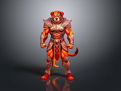 Fantasy Armored Dog Warrior Character In Red And Gold Armor Design 3d model