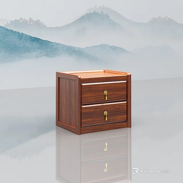 Solid Wood Bedside Table With Double Drawers And Gold Handles In Traditional Style 3d model