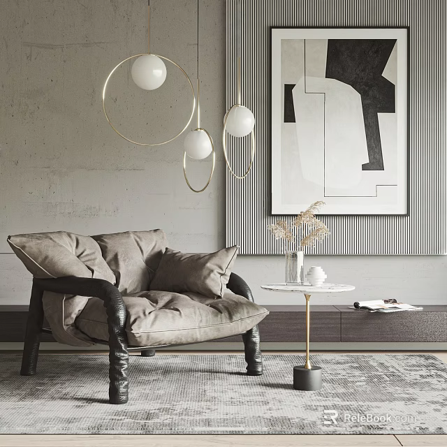 Modern Beige Upholstered Lounge Chair with Round Pendant Lights Abstract Painting and Side Table 3d model 