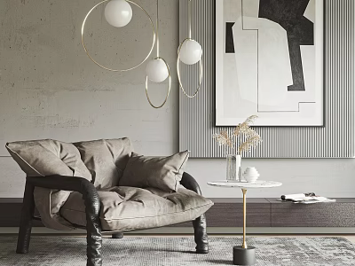 Modern Beige Upholstered Lounge Chair with Round Pendant Lights Abstract Painting and Side Table 3d model