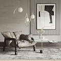 Modern Beige Upholstered Lounge Chair with Round Pendant Lights Abstract Painting and Side Table