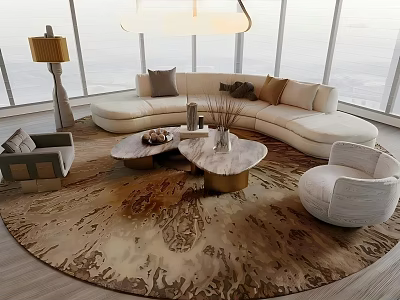 Luxurious Curved Sofa Set With Multiple Cushions Coffee Tables Armchairs And Sea View 3d model