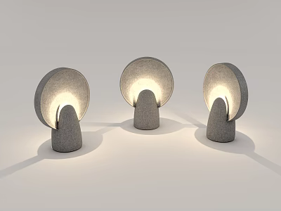 Three Gray Outdoor Lights with Stone Base and Round Shade Illuminated with Soft Glow 3d model