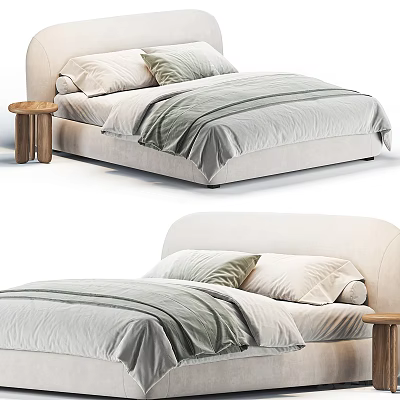 Modern Upholstered Double Bed With Curved Headboard Soft Gray Linen Bedding And Wooden Side Table 3d model